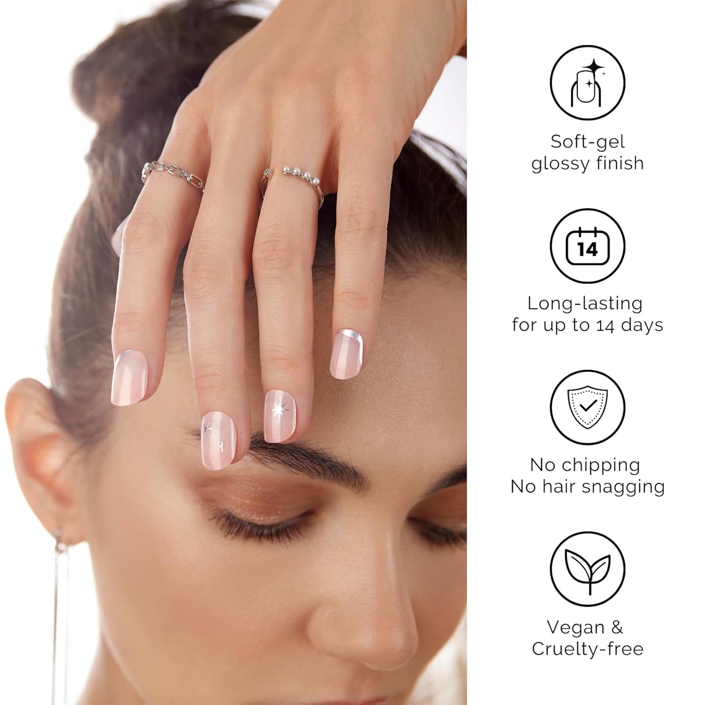 Semi Cured Gel Nail Strips - NAILOG 34 Pcs Gel Nail Stickers Buy 2 Get 1 UV Light | Long Lasting Nail Wraps with Glossy Gel Finish Clear Pink, Star River