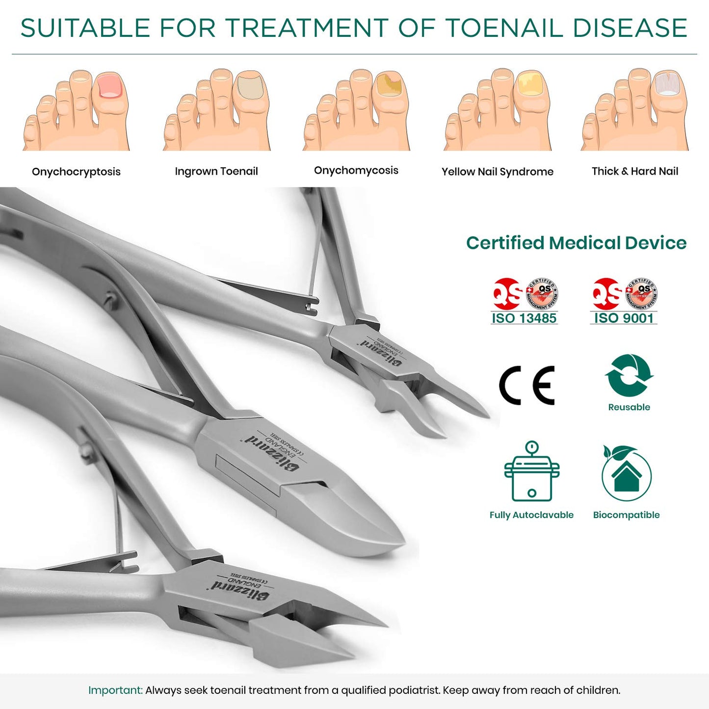 Nail Clippers by Blizzard, 3-Piece German Forged Podiatry Tool Kit, Concave, Arrow and Flame Nippers for Thick and Ingrown Toe Nails