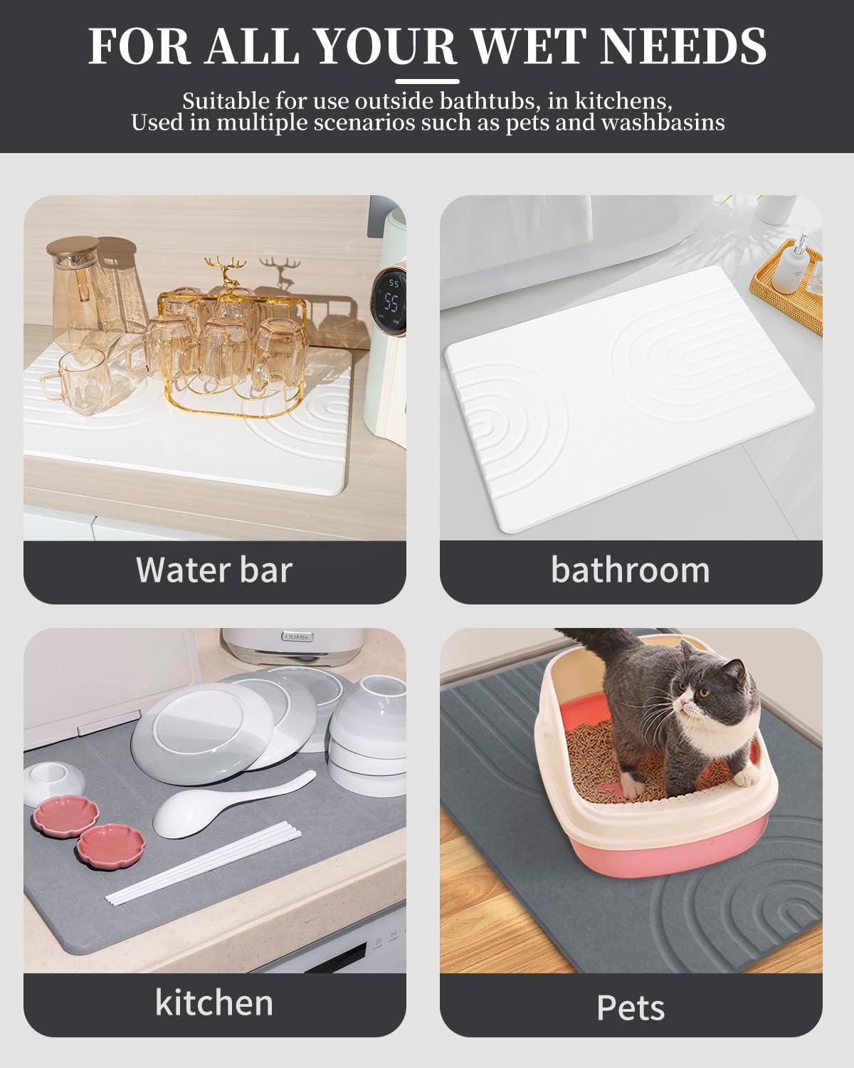 Stone Bath Mat 24"x16" - Diatomaceous Earth Shower Mat, Quick Dry, Anti-Slip, Modern Design with Bonus Non-Slip Pad - Perfect for Home Safety and Style,White,Straight