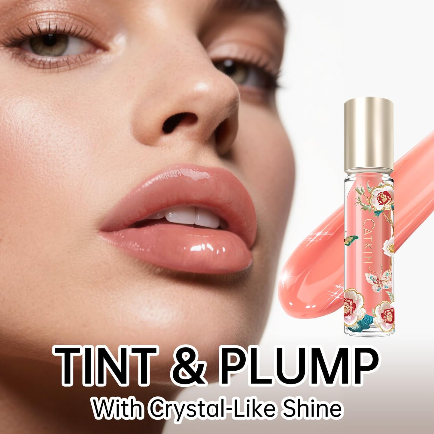 Catkin Lip Plumper Gloss, Tinted Lip Serum with Hyaluronic Acid & Jojoba Oil, Non-sticky Volumizing Hydrating Formula for a High Shine Maximum 3D Look, Plump & Soft Lips 0.12 Fl Oz - C02 Rose Diamond