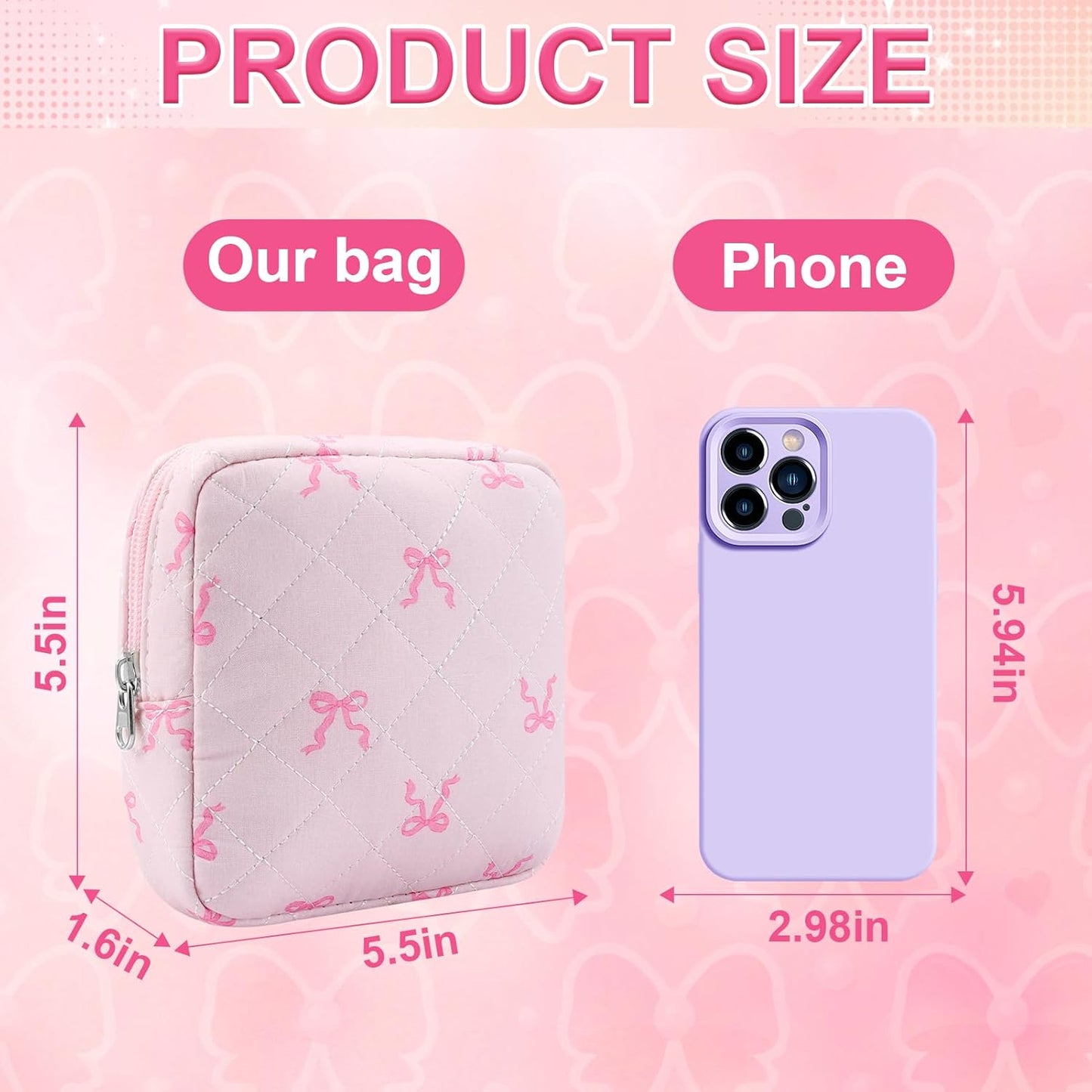Small Quilted Cotton Makeup Bag for Purse Mini Cosmetic Period Bag for Women Cute Pink Bow Ribbon Makeup Sanitary Pouch Portable Travel Toiletry Bags with Zipper Slip in Pockets Birthday Gifts