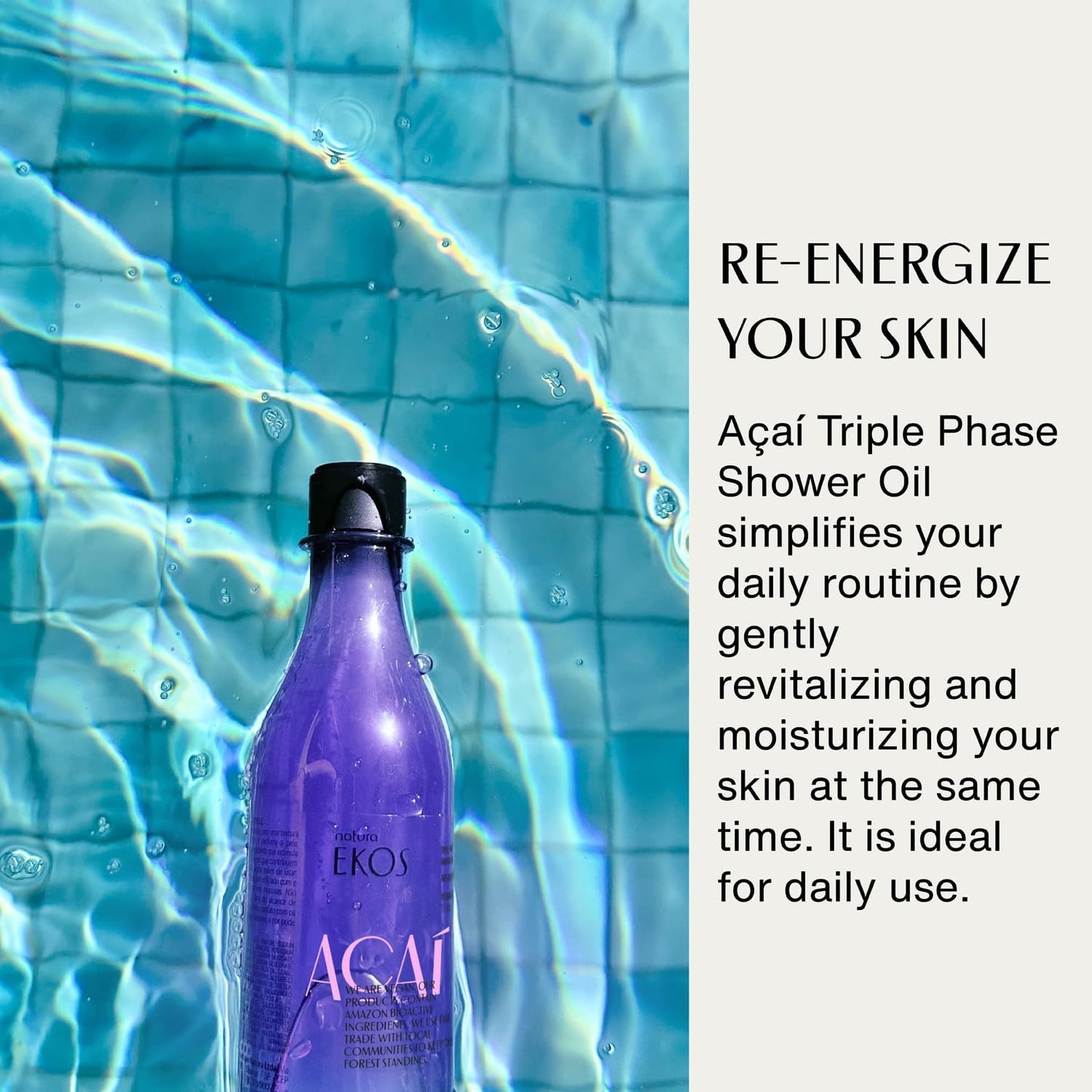 natura - Ekos Açaí Triple Phase Shower Oil - Revitalizing In-Shower or Bath Body Oil - Anti-Dullness - Scented - Bath Oil - Skin Moisturizer - Vegan Skin Care - Brazilian Beauty - 6.7 fl oz (200ml)