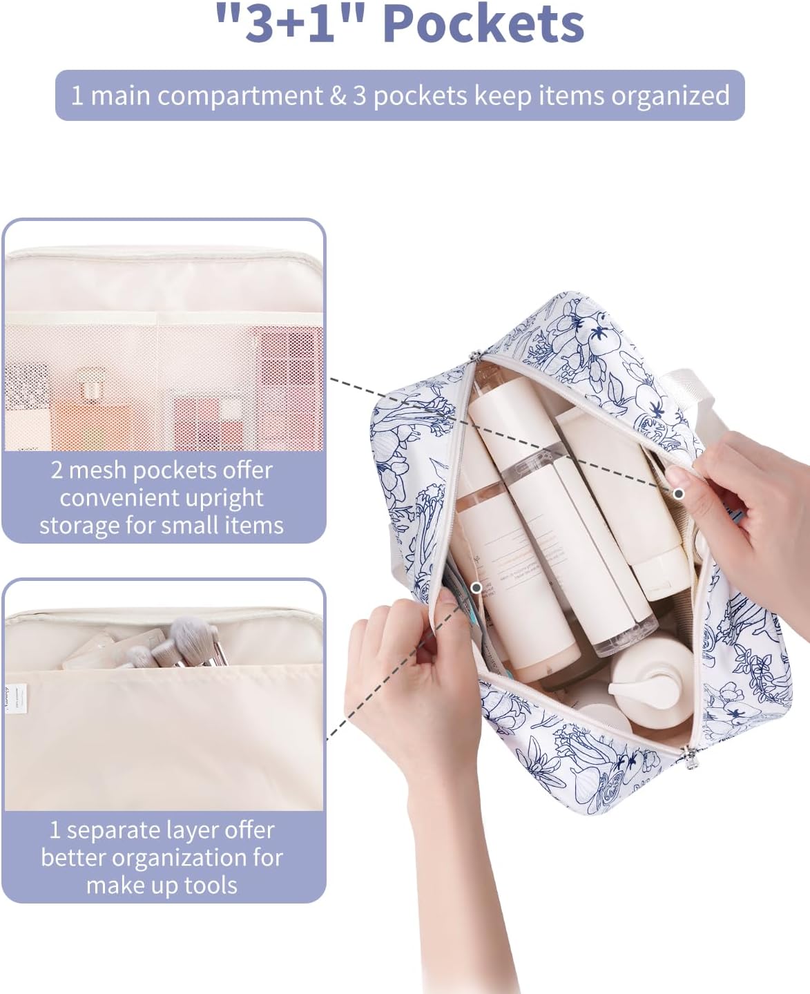 Full Size Toiletry Bag Women Large Cosmetic Bag Travel Makeup Bag Organizer Medicine Bag for Toiletries Essentials Accessories (Navy Blue Flower, Large)