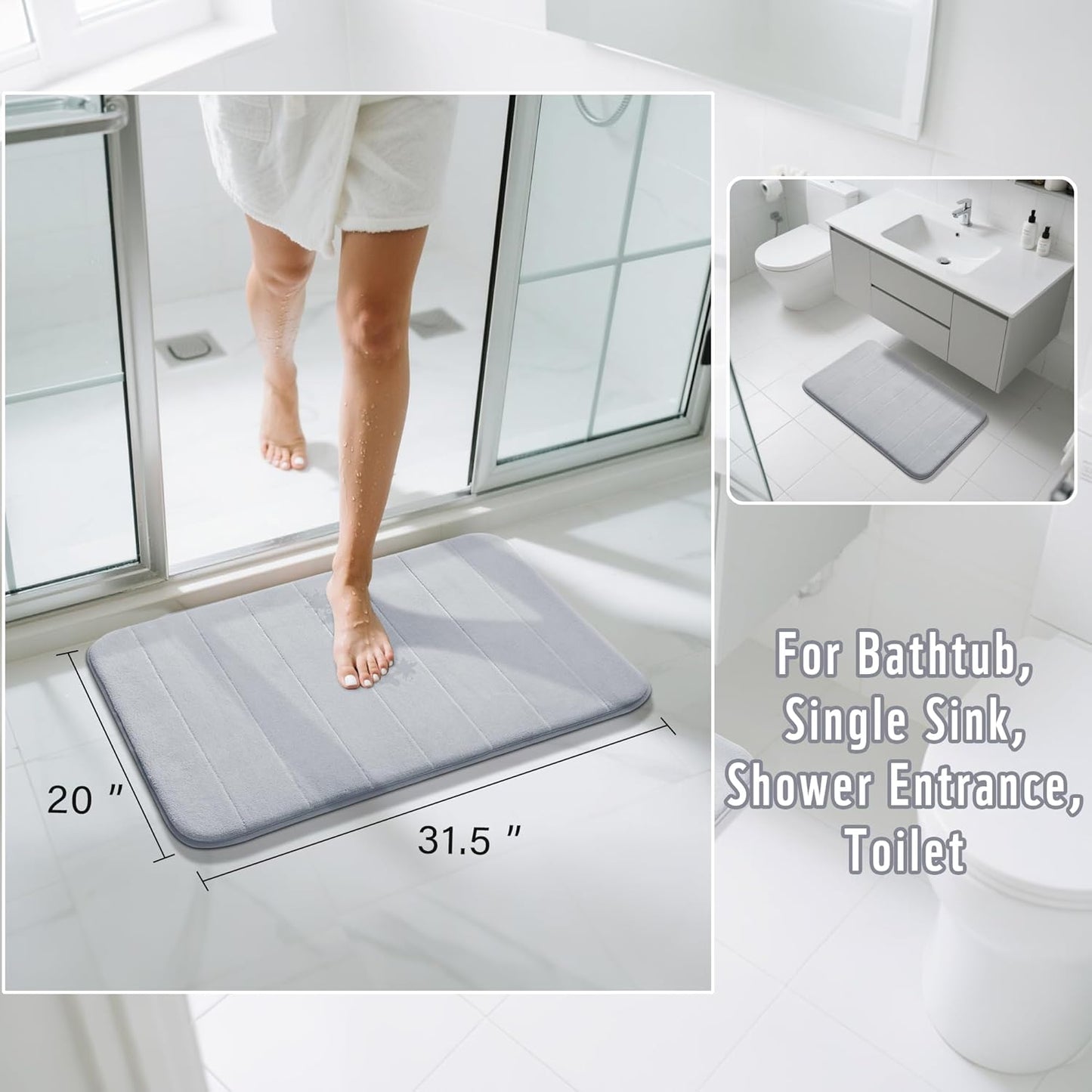 Yimobra Memory Foam Bath Mat, Super Soft Absorbent Bathroom Rug Non Slip 31.5x20 Inch, Quick Dry, Machine Washable Floor Carpet for Tub Shower, Home Decor Accessories, Silver