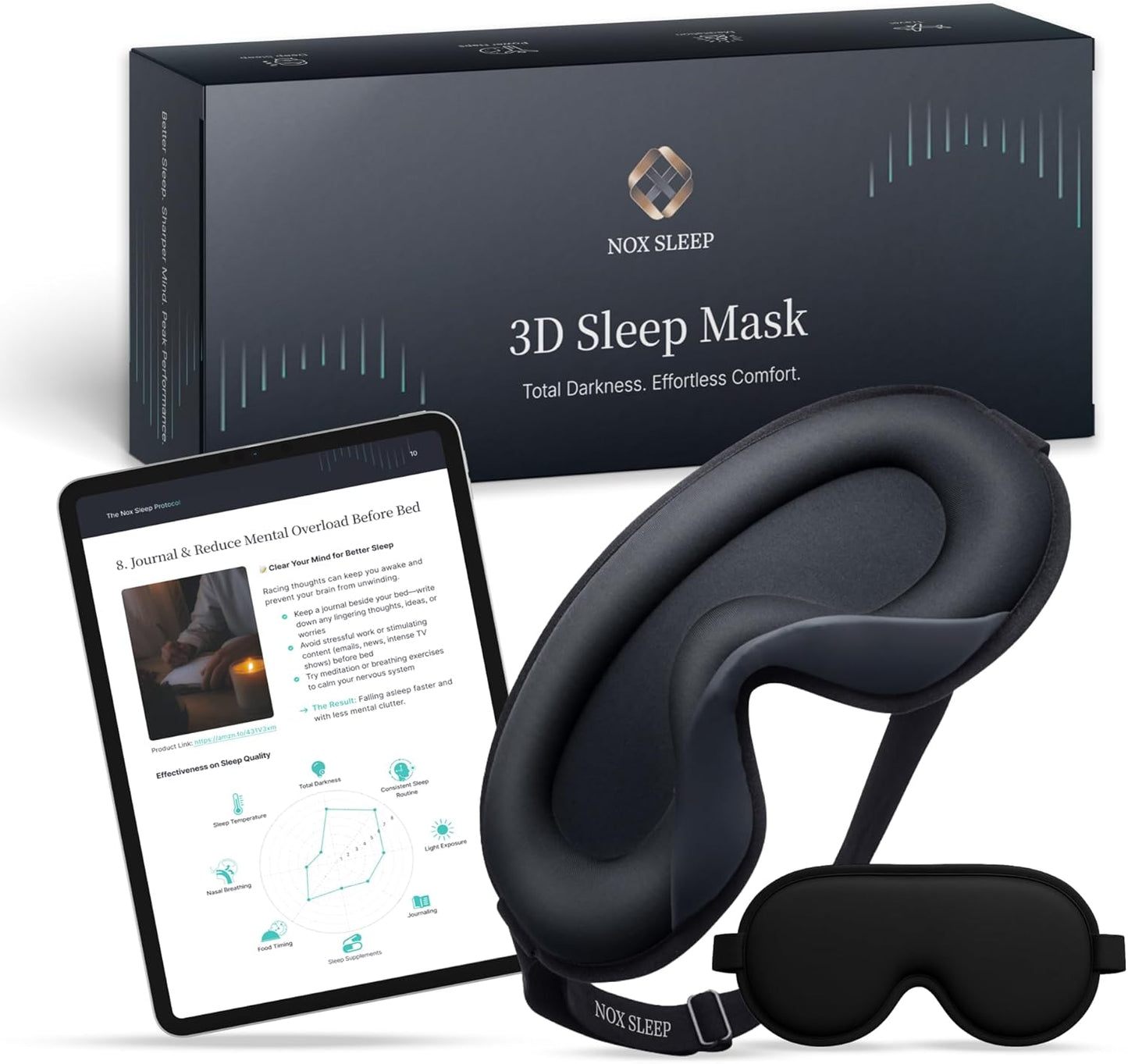 Nox Sleep 3D Sleep Mask for Men, 100% Light Blocking Eye Mask for Sleep, Ice Silk Adjustable Sleeping Mask for Side Sleepers, Soft Breathable Blindfold, Perfect Sleep Mask for Travel & Women (Black)