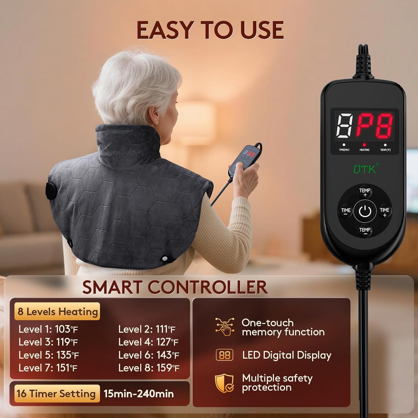 Far Infrared Heating Pad for Neck and Shoulders and Back - 6X Deeper Pain Relief, Graphene 30s Fast Heat, 8 Heat Setting, 16 Timer, Automatic Memory, Weighted Heating Pads Gift for Women&Men (Grey)