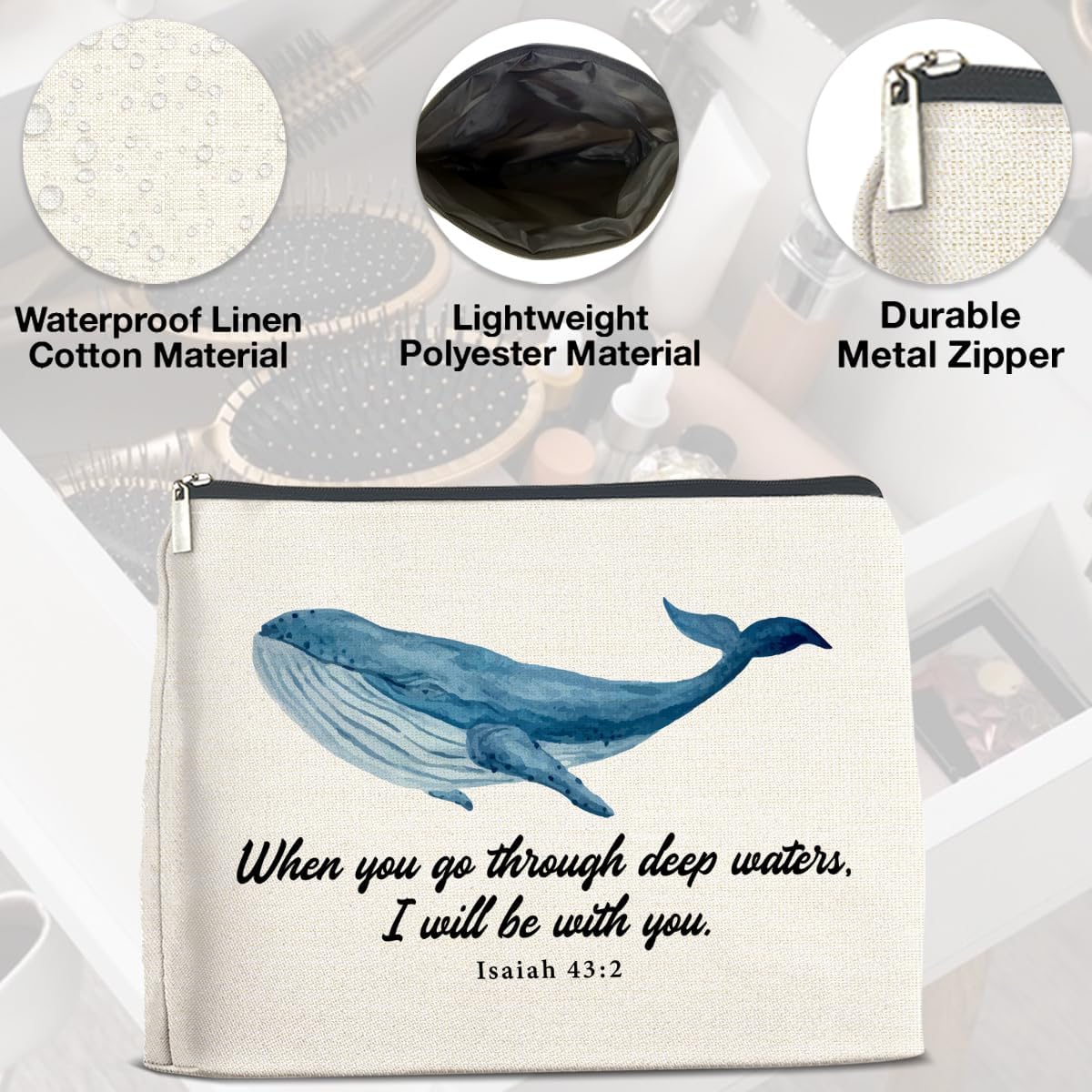 Christian Whale Shark Makeup Bag Gifts for Women Bible Verse Isaiah 43:2 When You Go Through Deep Waters I Will Be With You Cosmetic Bag Zipper Pouch