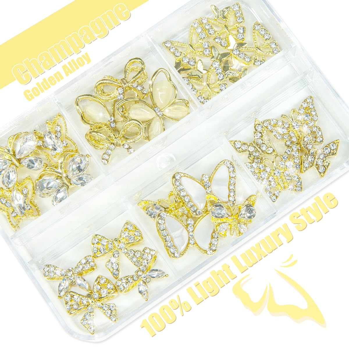 32 Pcs Butterfly Charms Gold Butterflies for Nails - Bow Crystals Diamonds Rhinestones 3D Alloy Luxury Gems - Cute Art Supplies for Acrylic Decoration Crafts DIY