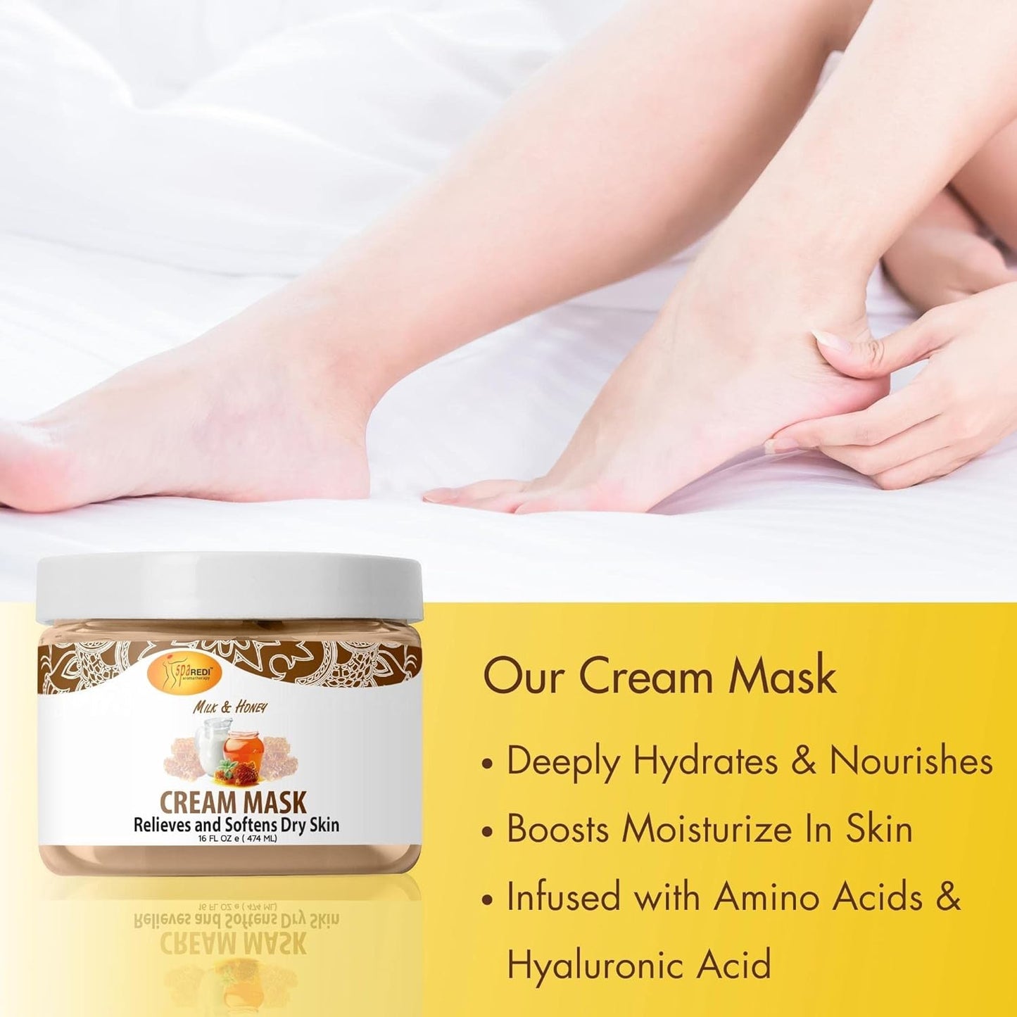 SPA REDI - Body and Foot Cream Mask, Milk and Honey, 16 Oz - Pedicure Massage for Tired Feet and Body, Hydrating, Fresh Skin - Infused with Hyaluronic Acid, Amino Acids, Panthenol, Comfrey Extract