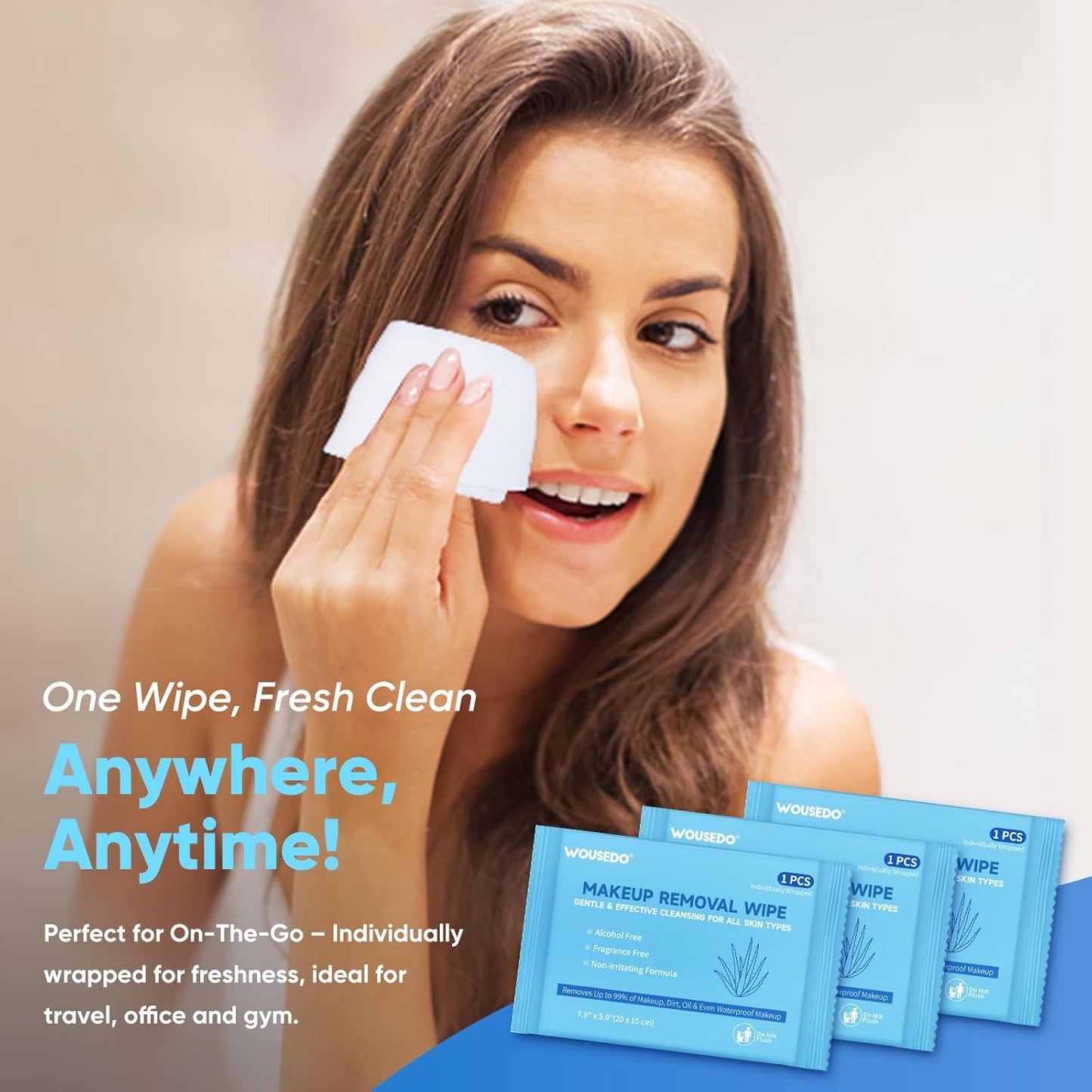 100 Count Makeup Remover Wipes, Bulk Gentle Cleansing Facial Towelettes, Individually Wrapped Travel Size,Alcohol-Free & Hypoallergenic for All Skin Types