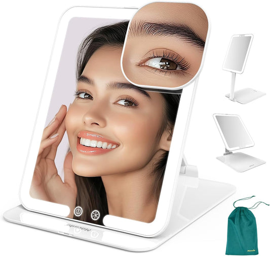 Mocado Travel Makeup Mirror with Light - 7x5 Inches Tripple Folding Travel Mirror with Light, 3 Colors Lighted Makeup Mirror, Portable Makeup Mirror, Freely Adjust Height and Angle(White)