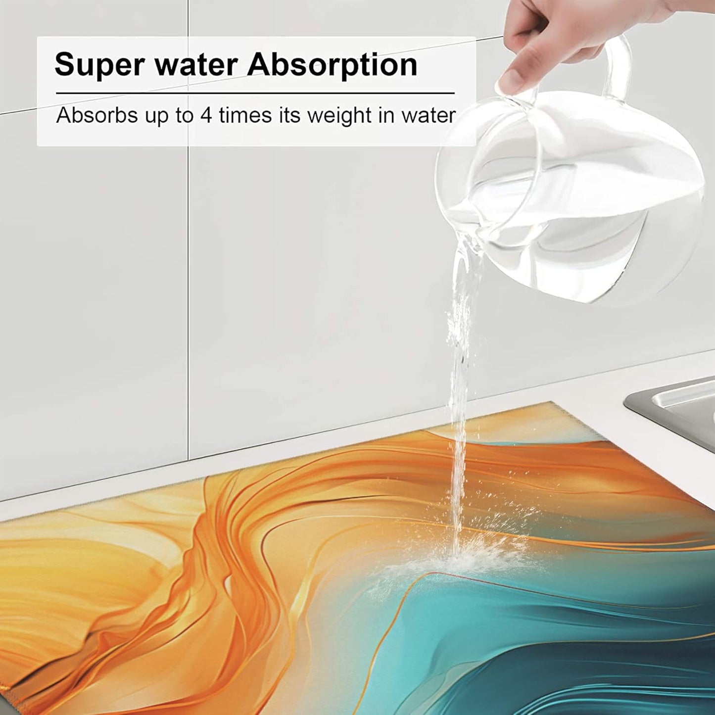 Orange Teal Marble Dish Drying Mat for Kitchen Counter Washable Absorbent Reversible Microfiber Modern Drying Pad Kitchen Accessories 16x18 Inch