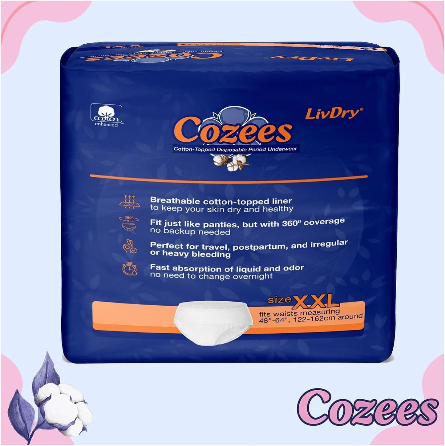 Cozees Disposable Period Underwear for Women, Menstrual and Postpartum High Absorbency, Cotton Covered Comfort, Made in USA (9 Count, XX-Large)