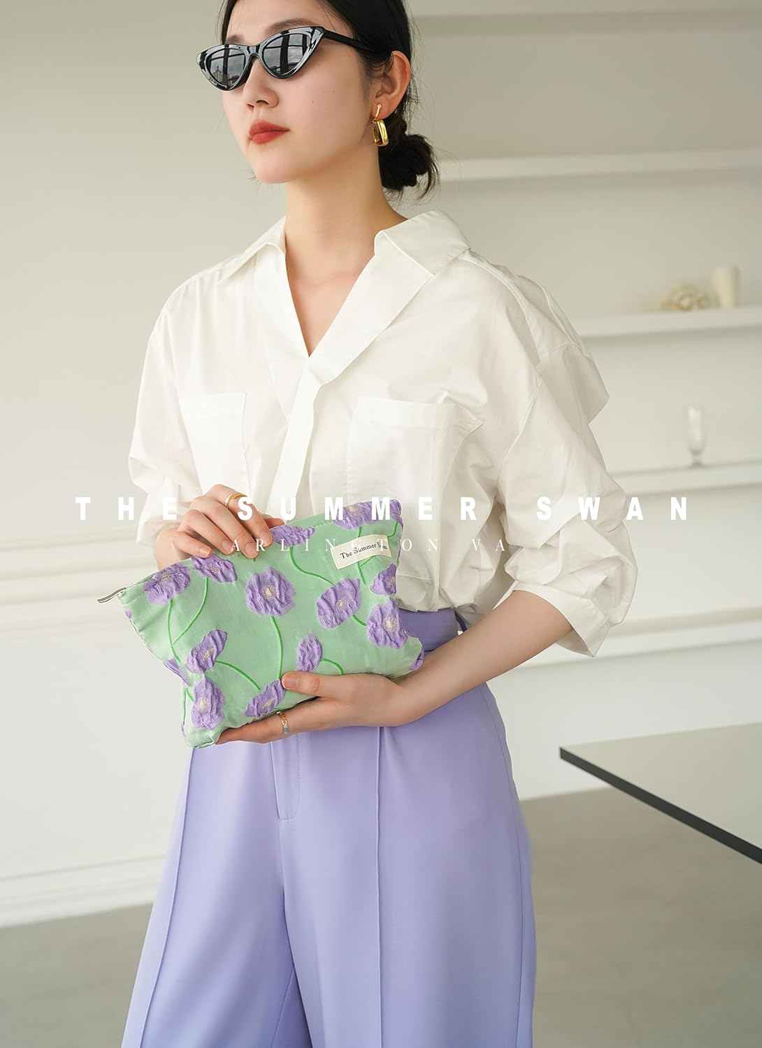 Summer Swan | Large Floral Mid-day Clutch | Period Kit & Hygiene Bag | Skincare Bag (Color Block Floral Purple)