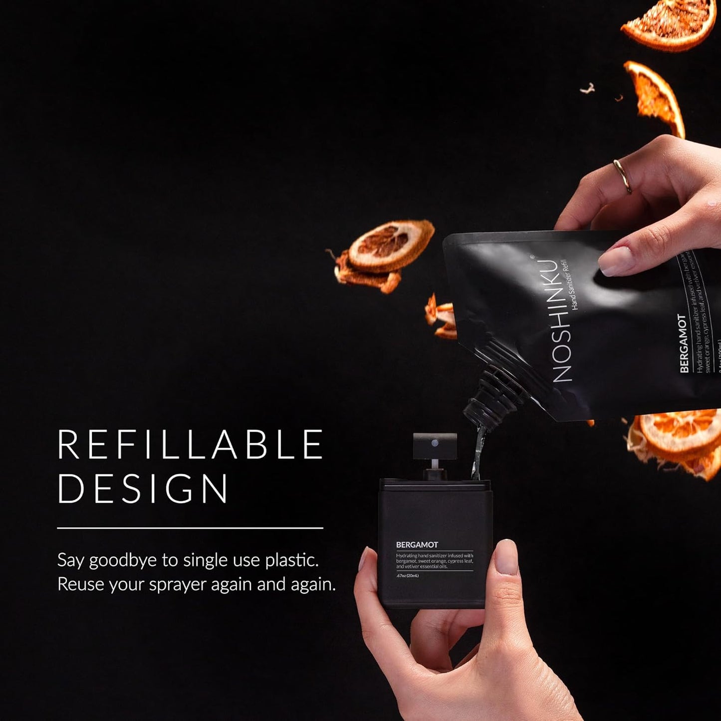 Noshinku - Refillable Hand Sanitizer Bergamot 3-Pack, Travel Size Spray with Hydrating Botanical Oils, Natural Ingredients, All Natural Fragrances, Sugarcane Derived Alcohol, No Parabens, No Dyes