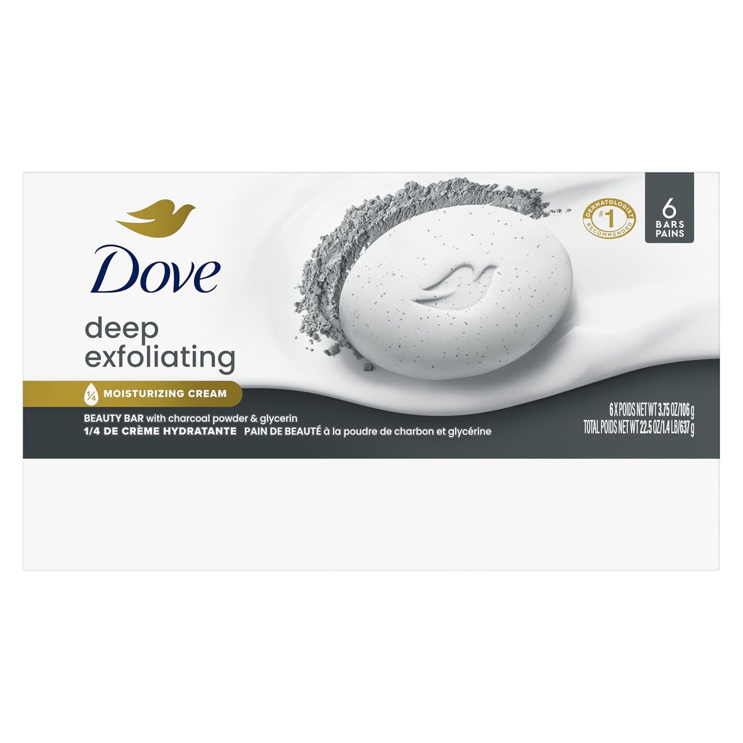 Dove Beauty Bar Soap 6 Bars Deep Exfoliating Charcoal Powder & Glycerin, for Softer, Smoother Skin, Scrubs Away Impurities 3.75 oz