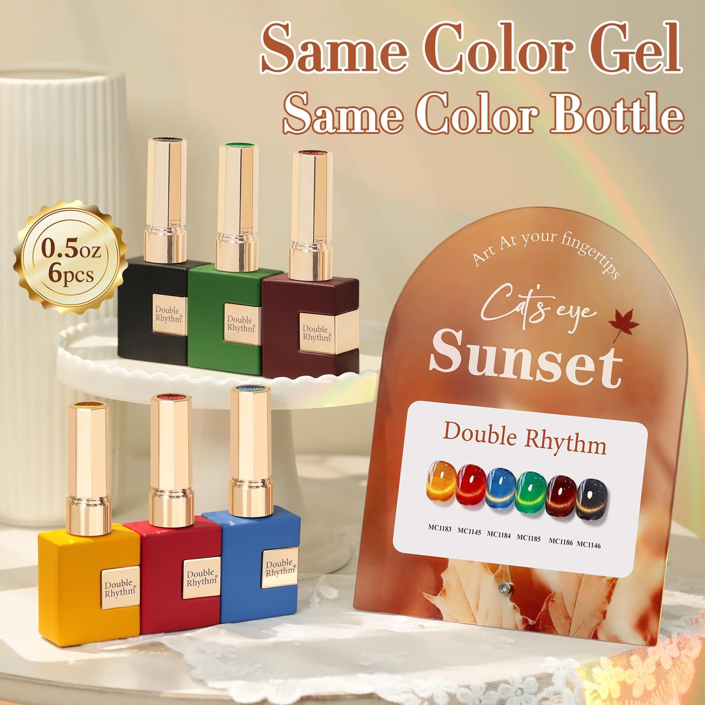 Double Rhythm Cat Eye Gel Nail Polish Set of 6 Same Color Same Bottle 0.5 Oz Shimmer Glitter with Magnet Holographic Reflective Magnetic UV Polish Kit (Golden Black Brown Red Blue Green-T6-33)