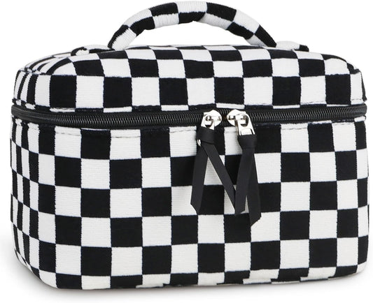 Prite Corduroy Large Travel Quilted Makeup Bag for Women Floral Cotton Cosmetic Bag Coquette Aesthetic Floral Toiletry Organizer Bag(Dark Checkerboard)