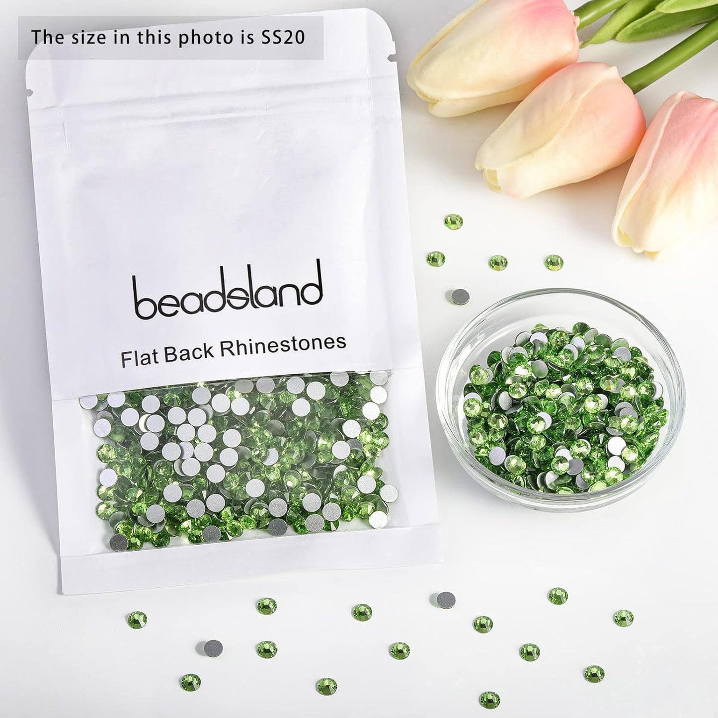 Beadsland 1440pcs Flat Back Crystal Rhinestones Round Gems for Nail Art and Craft Glue Fix,Light Green,SS20,4.6-4.8mm
