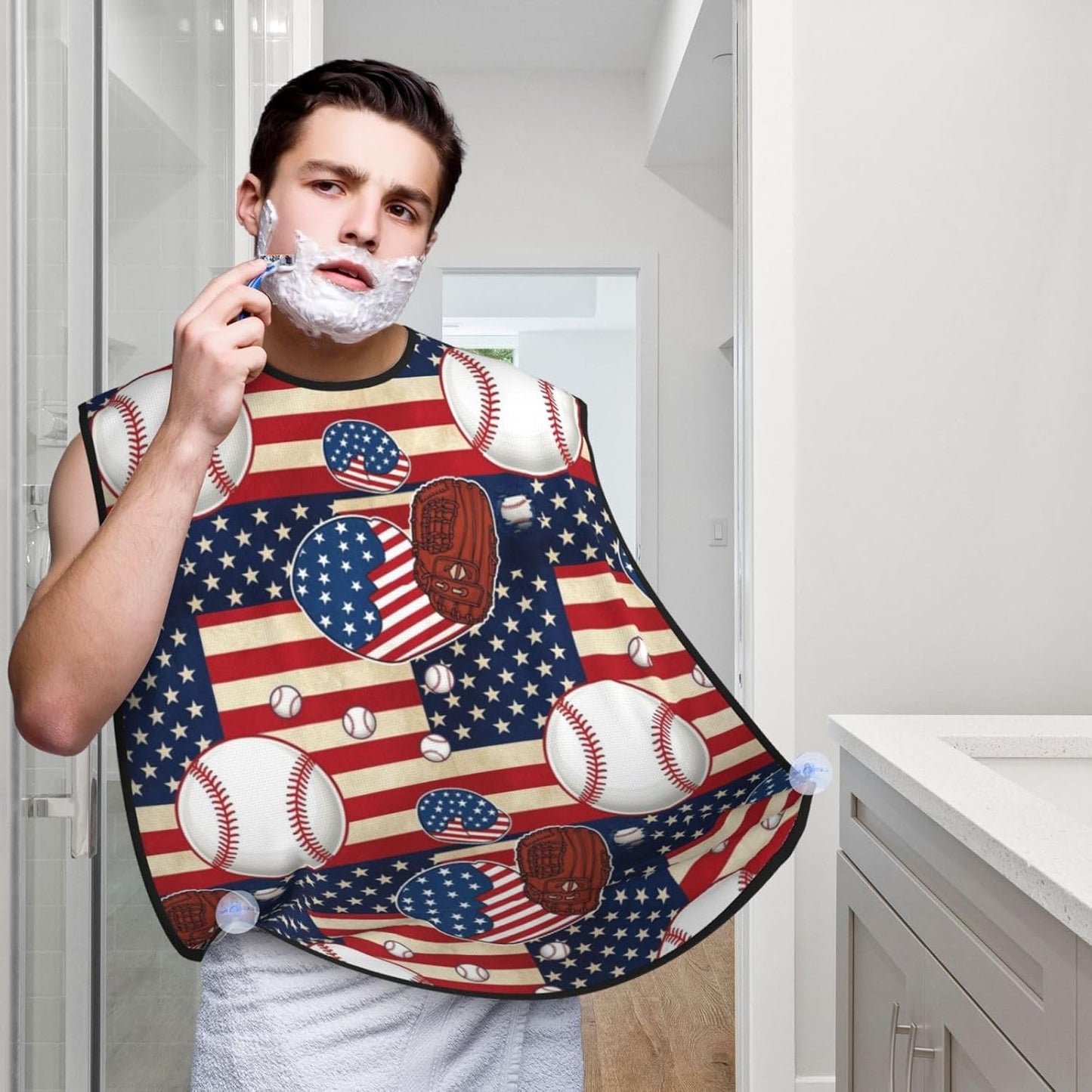 Adjustable Non-Stick Beard Apron, Hair Catcher Cape for Shaving Grooming, Waterproof with Suction Cups Men, Rustic Wooden American Flag Baseball Sport Shave Bib