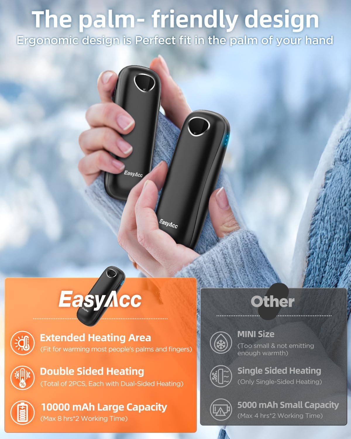 EasyAcc® Pocket Size Hand Warmers Rechargeable, Golf Hunting Hand Warmers, Real 16 Hrs Warmth, Heat Up to 131℉, UL Certified, Gloves Fitting, Golf Raynauds Skiing Essentials, Gifts Women Men