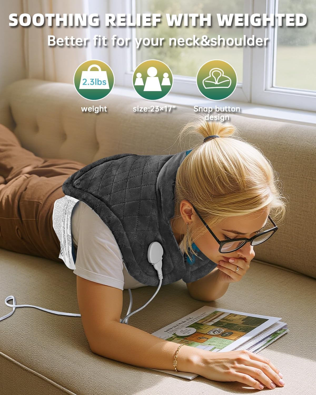 Graphene-Infused Heating Pad for Neck and Shoulders and Back Pain Relief,Upgraded Weighted 3X Deeper Heat Therapy Wrap with 6 Temperature Settings & 4 Auto-Off Timers,Large Heated Wrap, 23"x19"