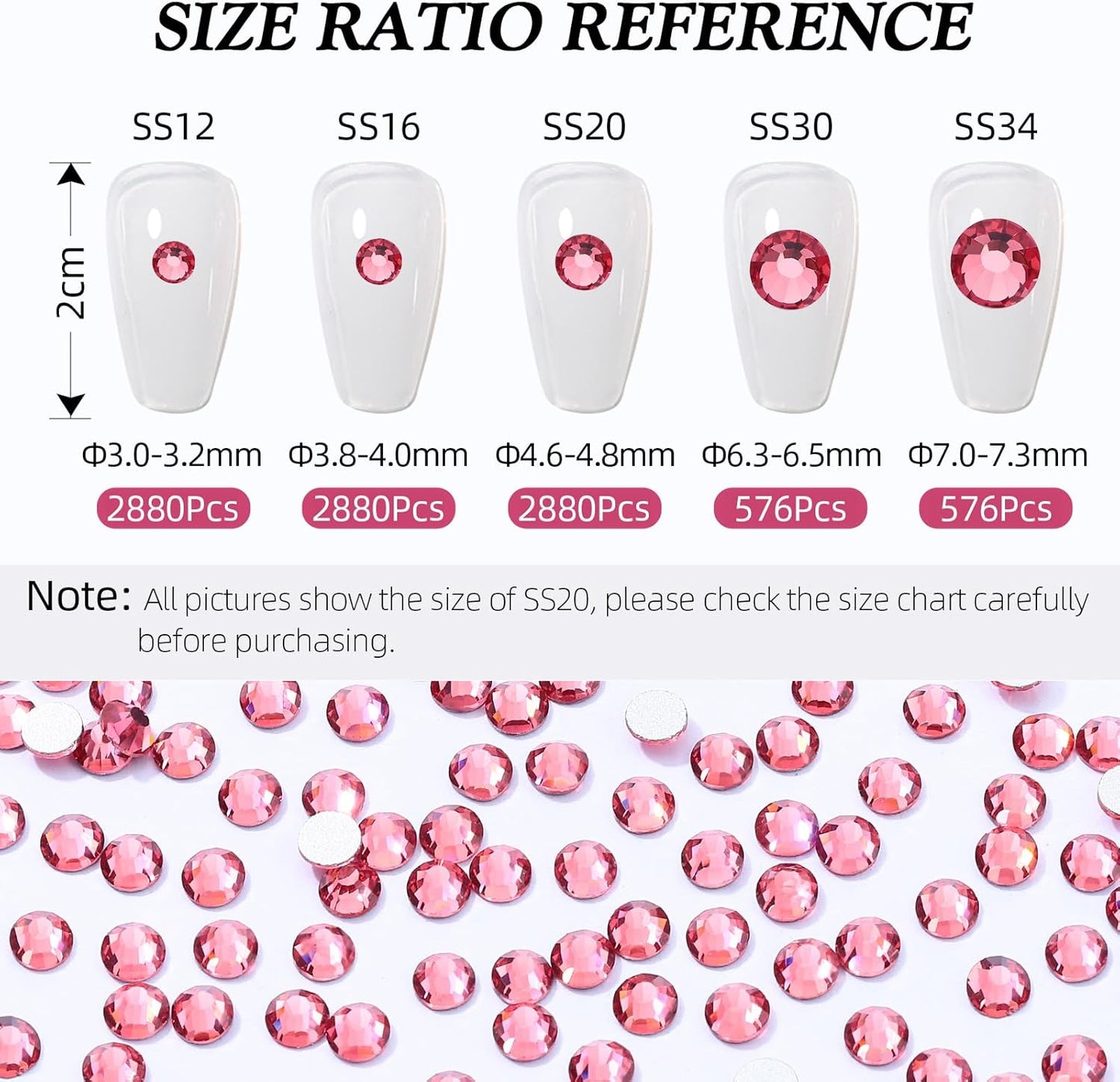 Rose Flatback Rhinestones, Glass Rhinestones for Nail Art and Craft, Glue Fix, Loose Crystal Gemstones(Rose, SS12, 2880pcs, 2.9-3.0mm)