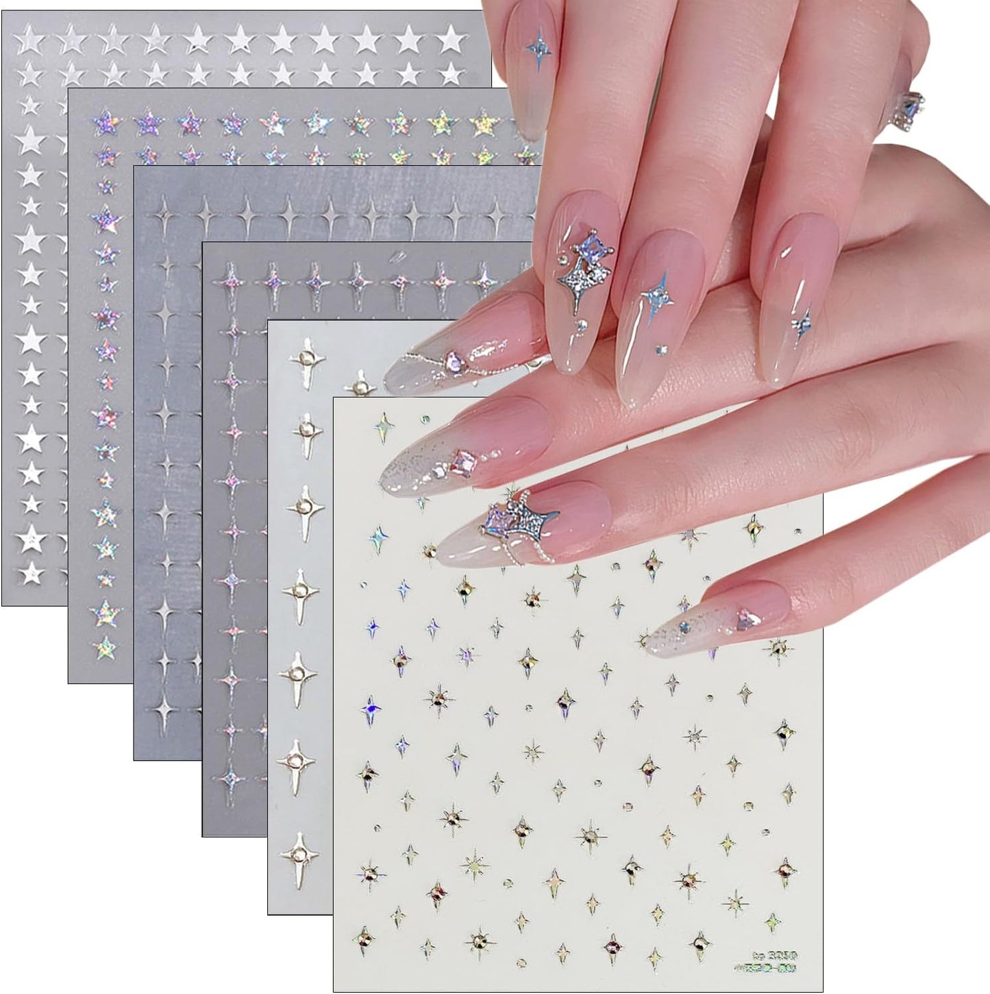 Holographic Star Nail Stickers 3D Glitter Silver White Stars Nail Design Nail Art Supplies Laser Star Nail Decals Self-Adhesive Nail Decoration Kit for Women Girls DIY Manicure Tips 6 Sheets