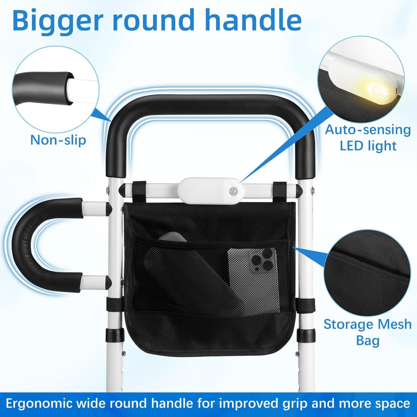 Bed Rails for Elderly Adults Safety, Adjustable Bed Rail with LED Motion Sensor Light, Bed Handle Bedside Assist for Grab Bar with Storage Pouch, Bed Side Rails Fits Twin Full Queen King Grey