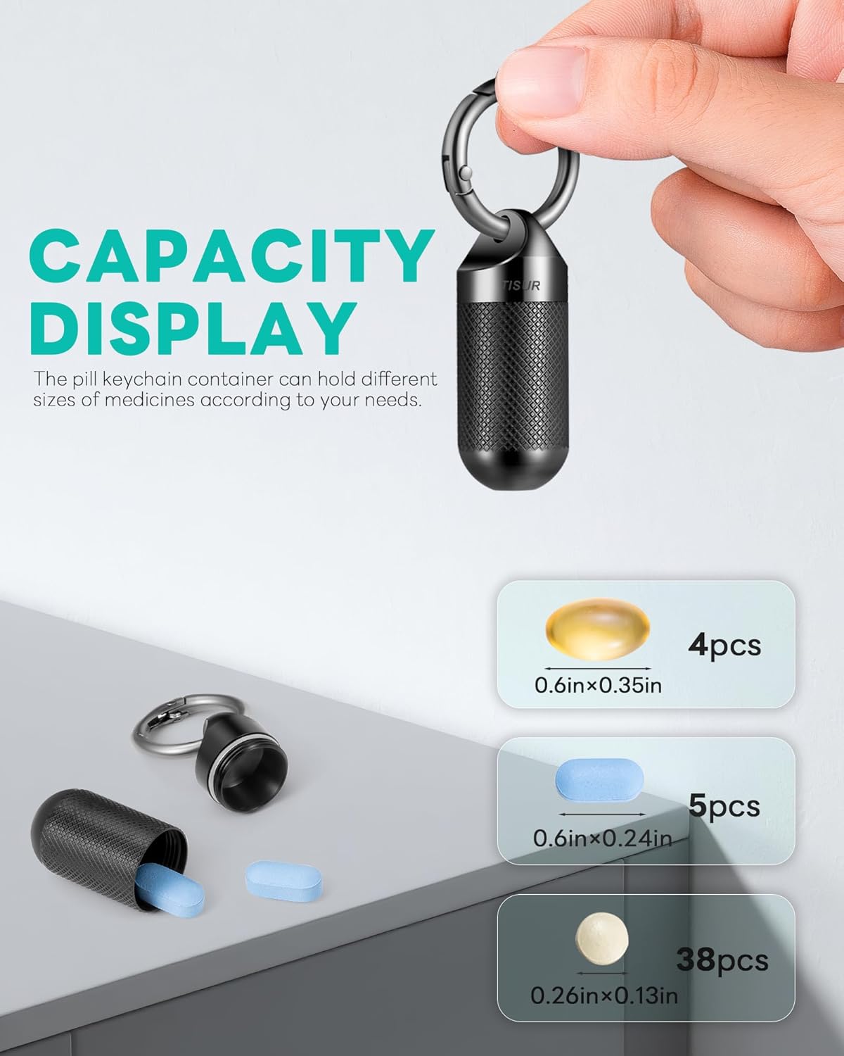TISUR Small Pill Keychain Container, Mini Portable Titanium Keychain Pill Holder, Pocket Travel Bottle Metal Purse Box Case Black (Large Black-0.63inch)