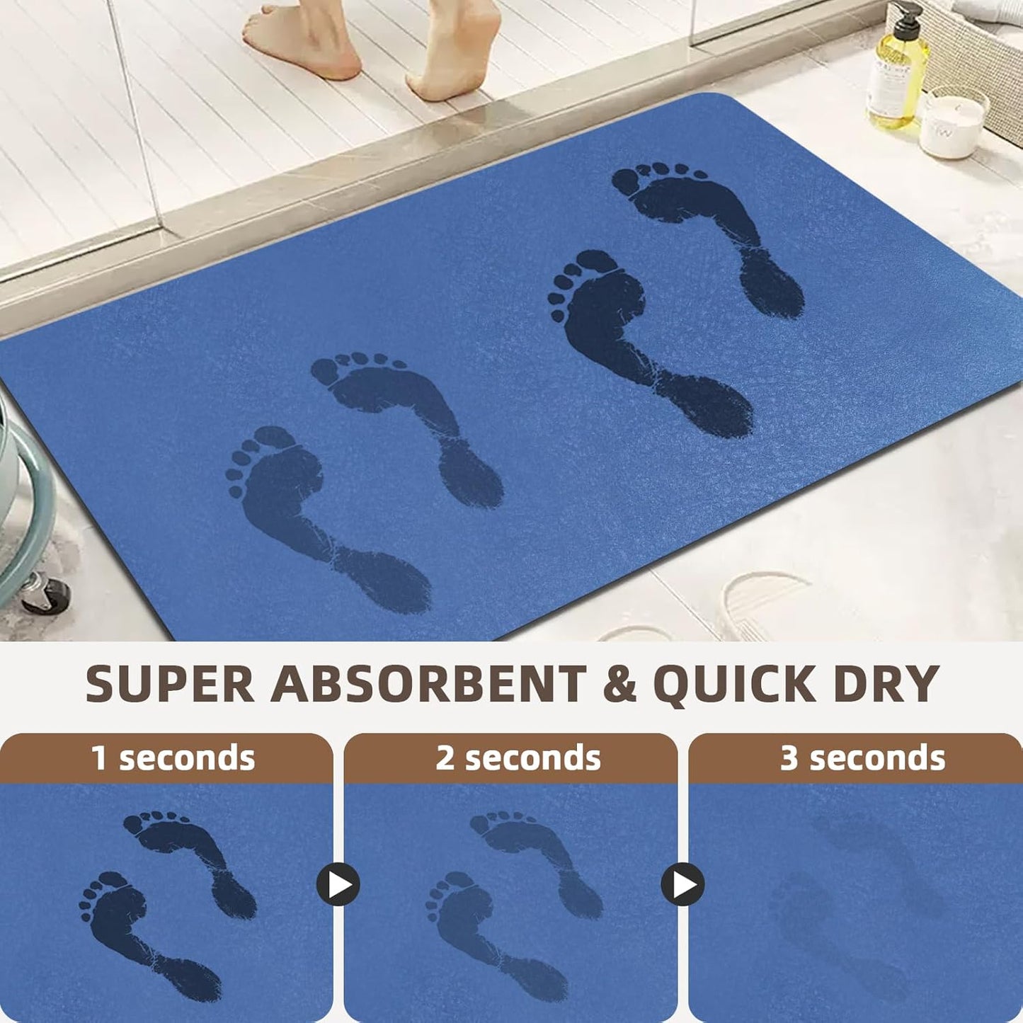 Diatomaceous earth bath mat Bathroom Rugs Sets 3 Piece Super Absorbent Quick Dry Bath Mats, Rubber Non Slip Shower Mat and Toilet Mat U Shape, Shower Rug for in Front of Bathtub Shower, Blue