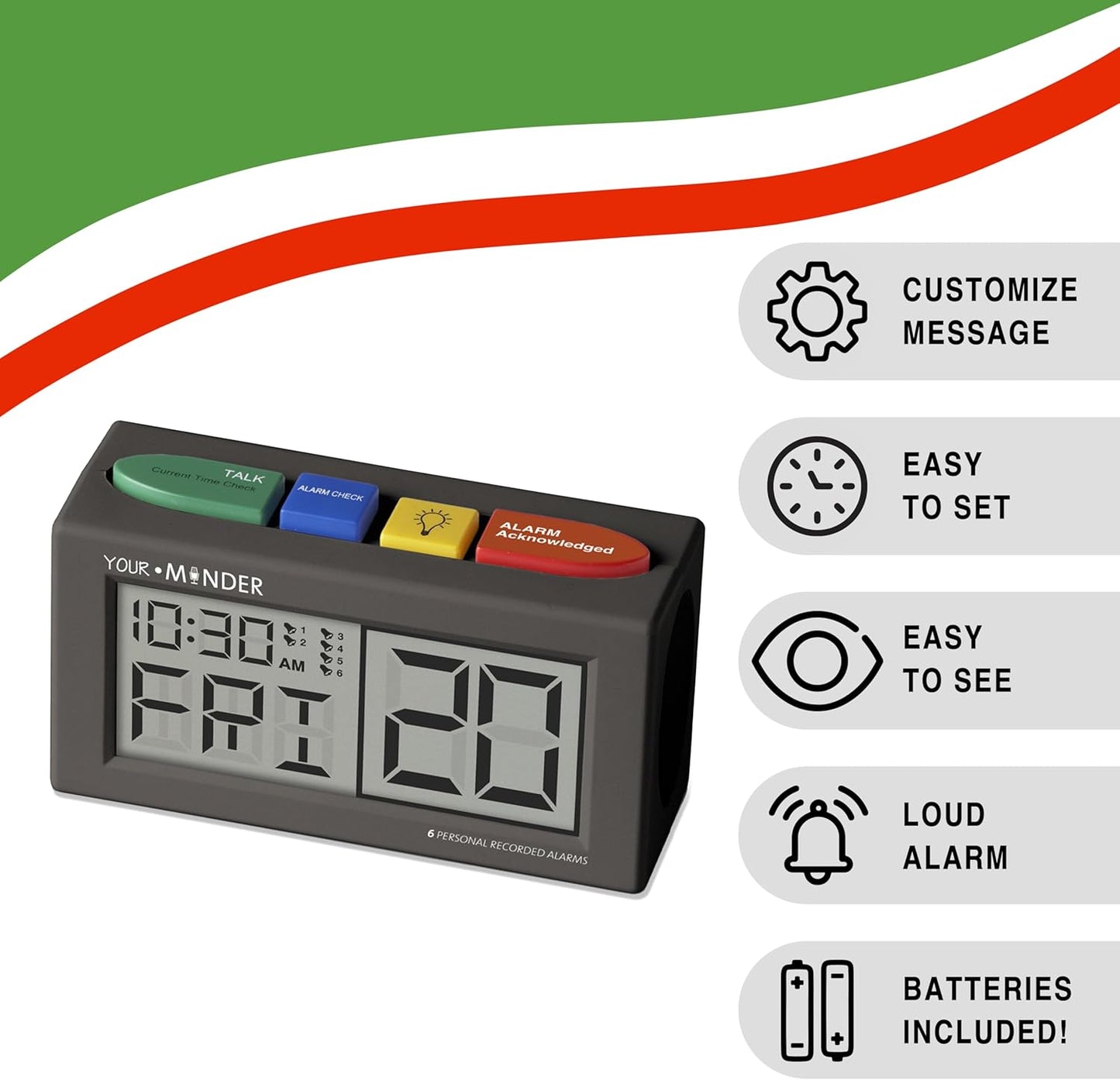 Your Minder Voice Record and Alarm Replay Reminder Clock with Loud Multiple Alarms, Recordable Talking Alarm Clock for Medication Reminders (With Adapter) Gift for Mom, Dad, Elderly, Seniors