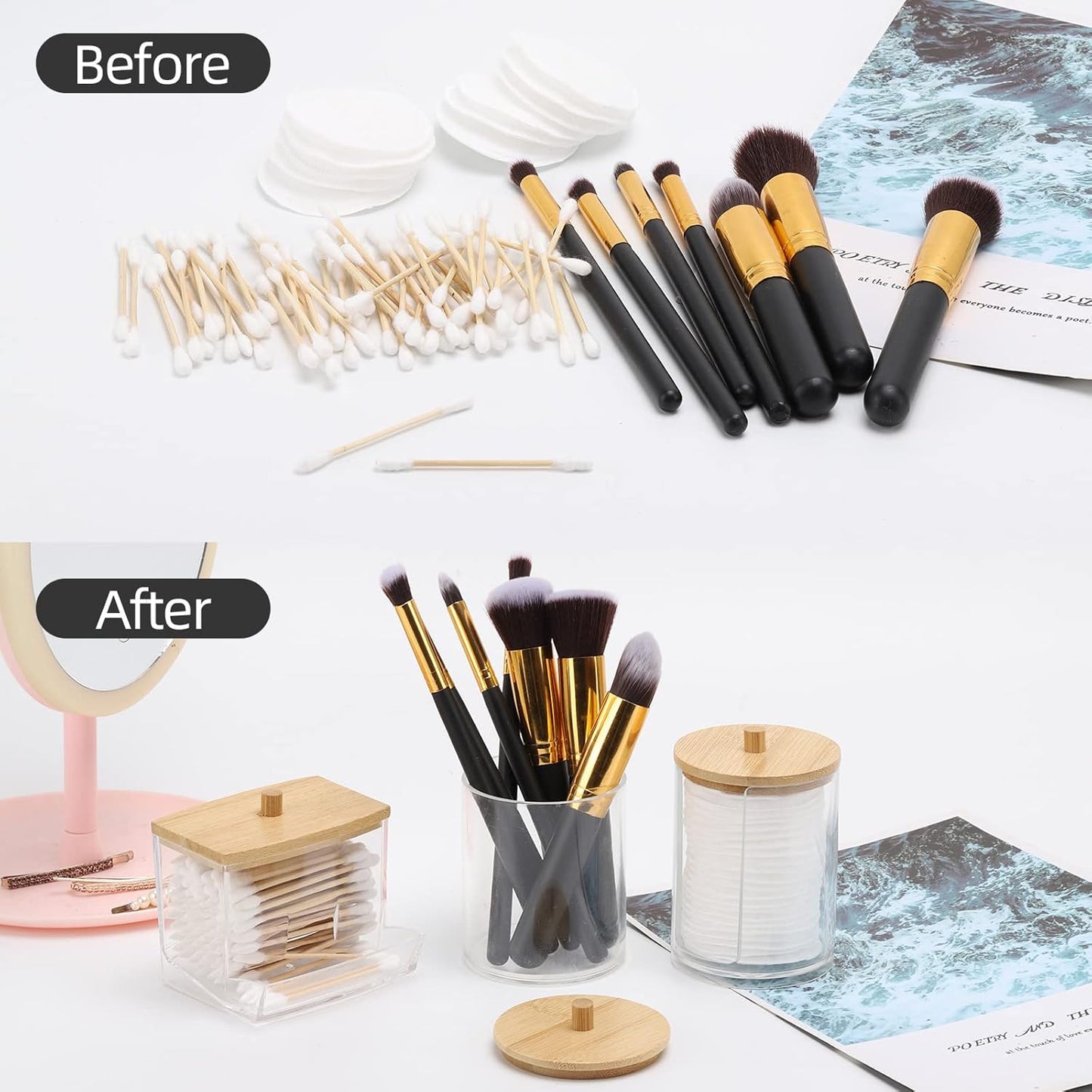 Tbestmax Bathroom Organizer Accessories Set-10 OZ,7 OZ Qtips Holder Storage with Brown Wood Lids, Cotton Ball/Swabs Dispenser, Apothecary Container Jar 3 Pcs