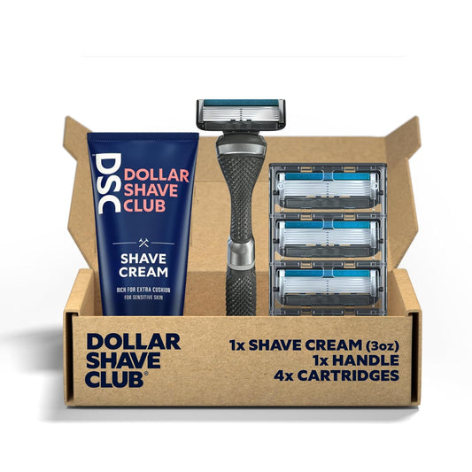Dollar Shave Club 4-Piece Razor Set - Extra Close Refill Cartridges, Alarm Handle & Shave Cream 3oz