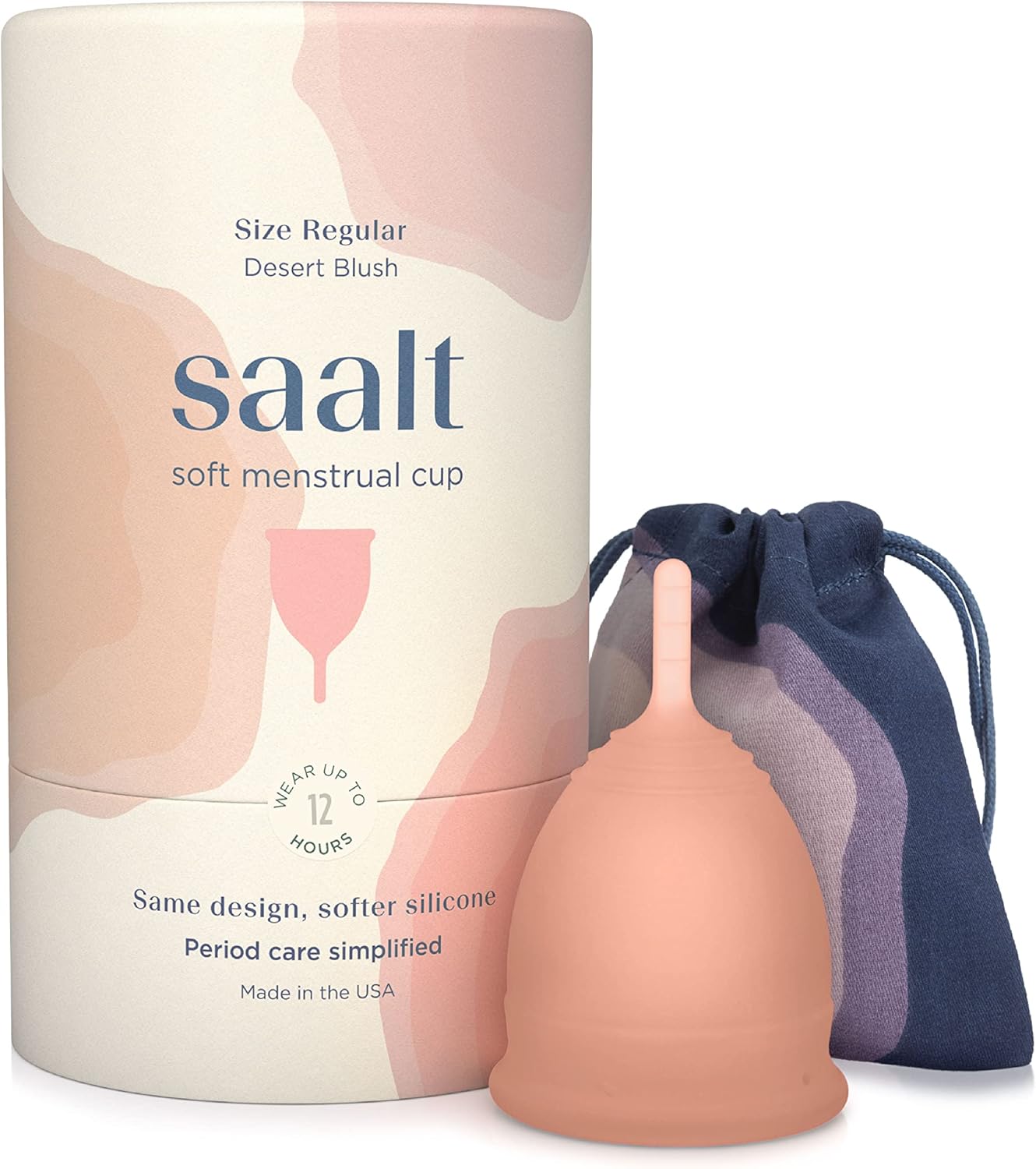 Saalt Soft Menstrual Cup – Reusable Period Cup – Made for Comfortable, Leak-Free Protection Up to 12 Hours – BPA & Latex Free – Includes Cup & Carry Bag (Regular, Desert Blush)