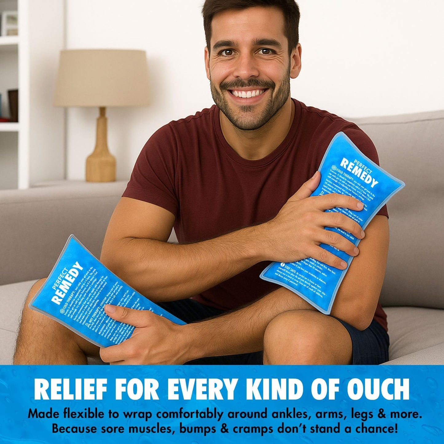 Perfect Remedy Rectangle Gel Ice Pack Bundle, Hot & Cold Ice Packs for Injuries Reusable for Body Tension & Muscle Pain Relief, Soft, Flexible & Adapts to Any Area (Blue, Reg 2PK + Pink, Reg 2PK)