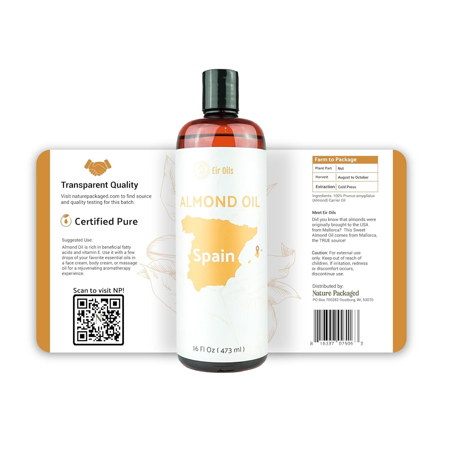 Nature Packaged Sweet Almond Oil - for Skin and Hair - Carrier Oil for Essential Oils Mixing - From EIR Oils' Farm in Mallorca, Spain - 4 Gallons