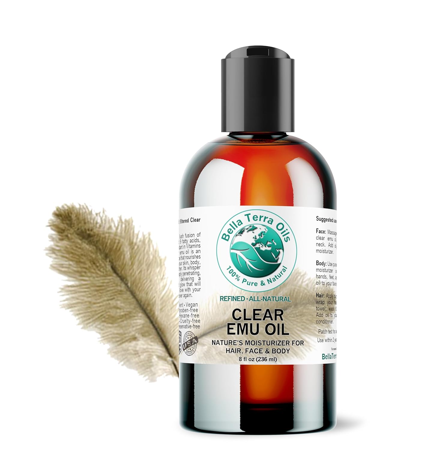 Bella Terra Oils - Clear Emu Oil 8 oz - Harnessing the Power of Pure Emu, Abundant in Natural Nutrients & Fatty Acids, Elevate Your Skin's Glow