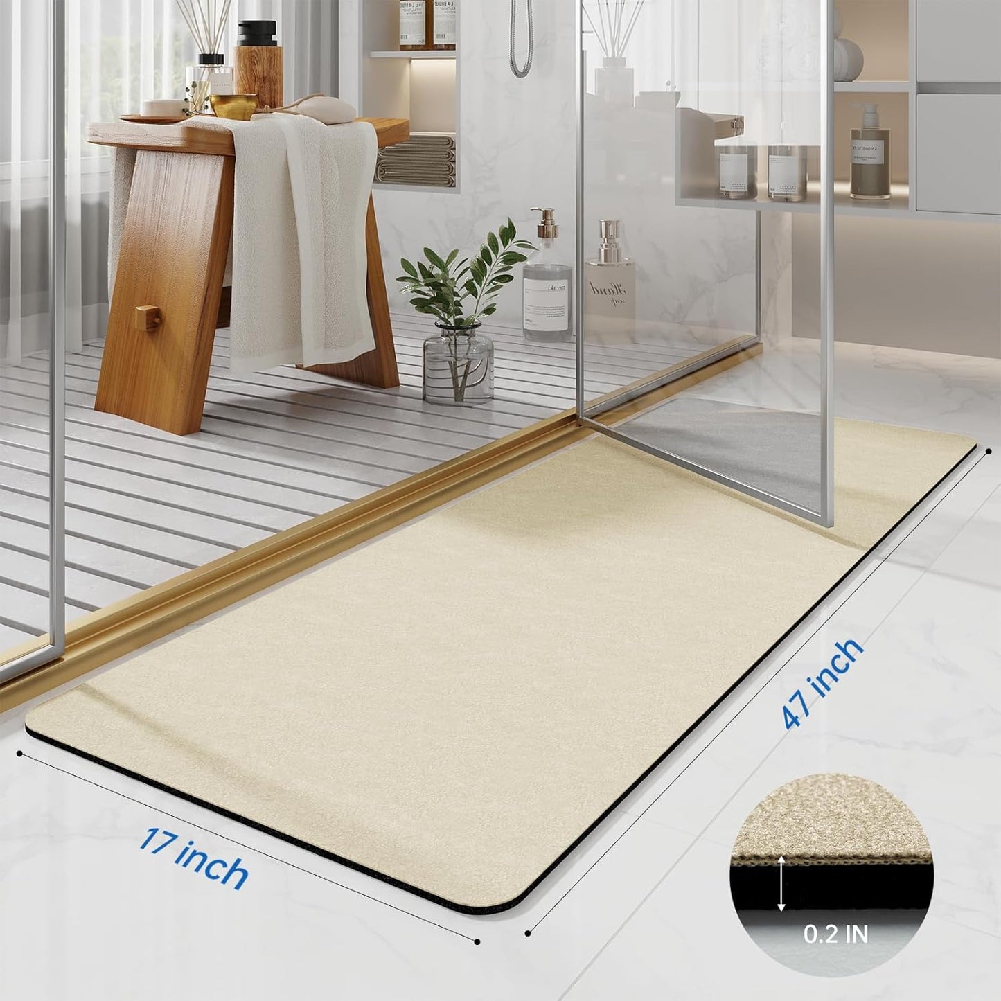 Bathroom Mat Rugs 47x17, Long Diatomaceous Earth Bath Mat Large Quick Dry Bath Mat Non Slip Rubber Backed Super Absorbent Shower Mat, Thin Bathroom Runner Rugs Floor Mat Fit Under Door, Beige