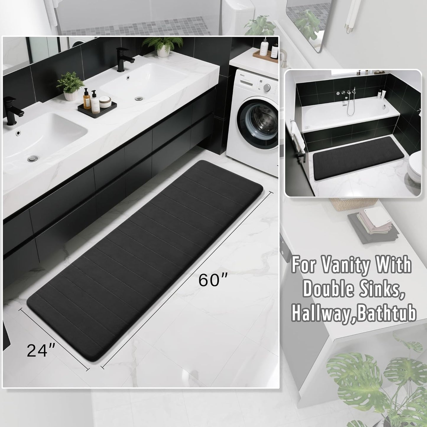Yimobra Bathroom Runner 60"x24", Non Slip Memory Foam Bath Mat, Super Soft Water Absorbent Hallway Carpet, Machine Washable Rug for Vanity Tub Shower, Black