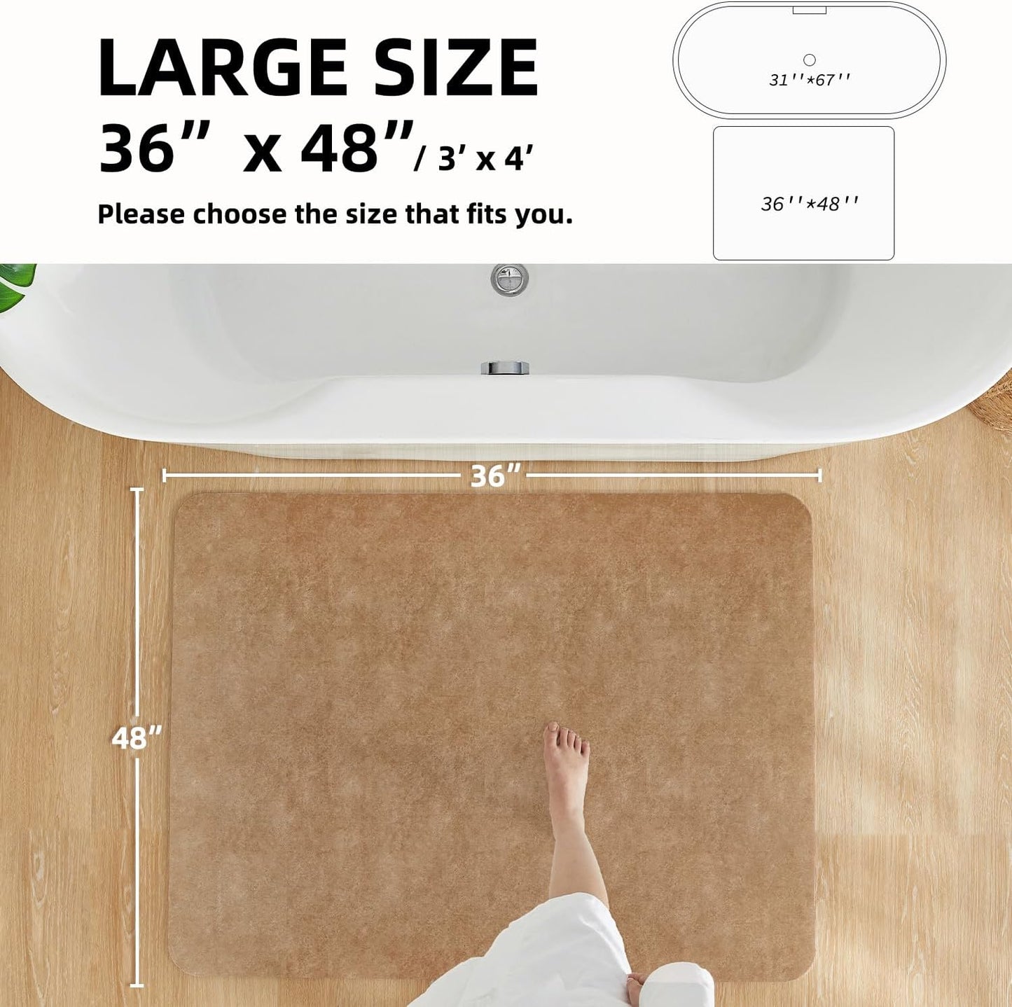 Bathroom Mat Quick Dry, Bathroom Rugs Non Slip Washable Thin Absorbent Bath Mat Fits Under Door Bathroom Floor Mat Perfect for Bath, Shower, or Sink 36"x48" Camel