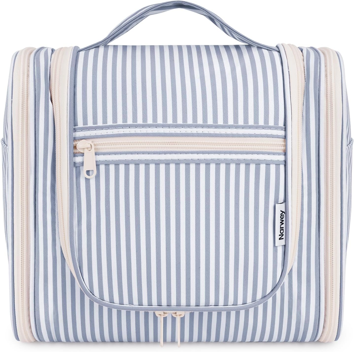 Narwey Striped Hanging Travel Toiletry Bag for Women, Travel Bag for Toiletries, Makeup Bag Organizer Cosmetic Bags Make Up Bags for Women (Greyish Blue Stripe)