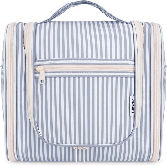 Narwey Striped Hanging Travel Toiletry Bag for Women, Travel Bag for Toiletries, Makeup Bag Organizer Cosmetic Bags Make Up Bags for Women (Greyish Blue Stripe)