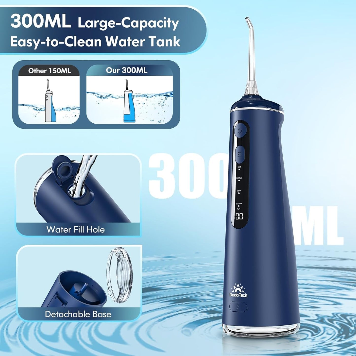 Water Flosser for Teeth, Cordless Oral Irrigator Portable Dental Cleaner Picks with 8 DIY Modes 7 Jets 300ml Tank Braces Flossers Rechargeable (Blue)
