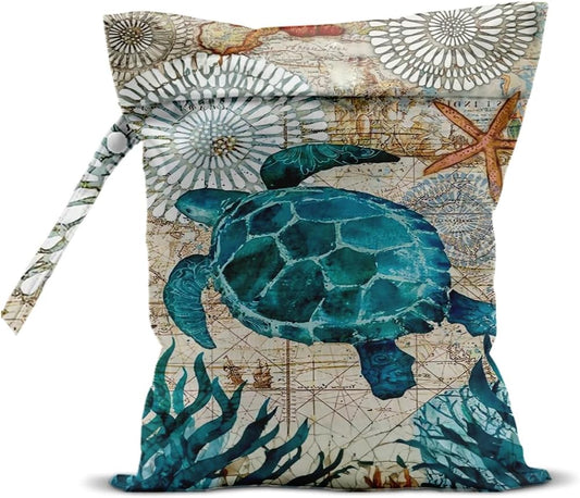Turtle Wet Bags 12x10 Inch, Sea Weed Waterproof Travel Laundry Bags, Shell Washable Reusable Wet Dry Bag for Swimsuit Beach Diapers Dirty Yoga Gym Clothes, Sea Turtle Gifts for Women Friend Travelers