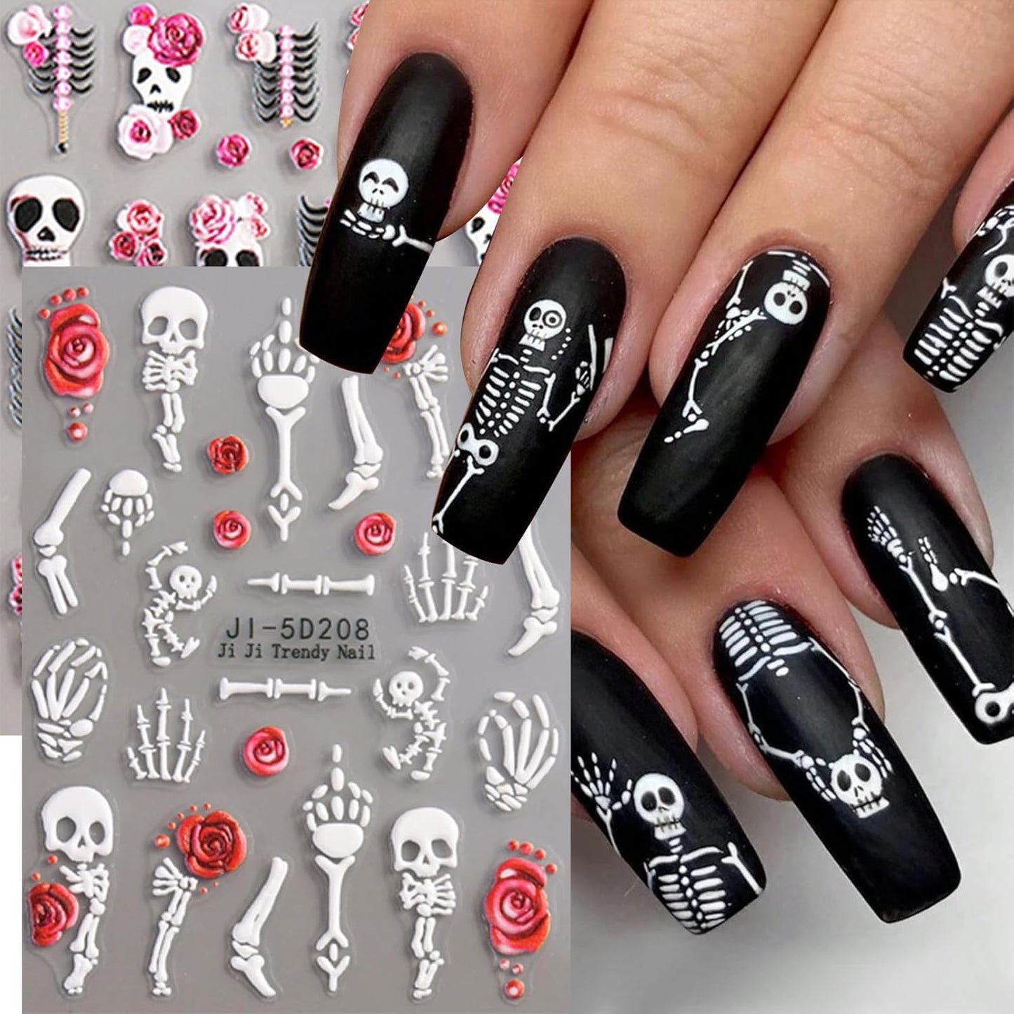 Spooky Nail Stickers Halloween Nail Decals Skull Rose Skeleton Hand Design 5D Embossed Holiday Nails Slider Manicure Accessories Supply Halloween Stickers for Women DIY Nail Decorations Nail Art 2PCS