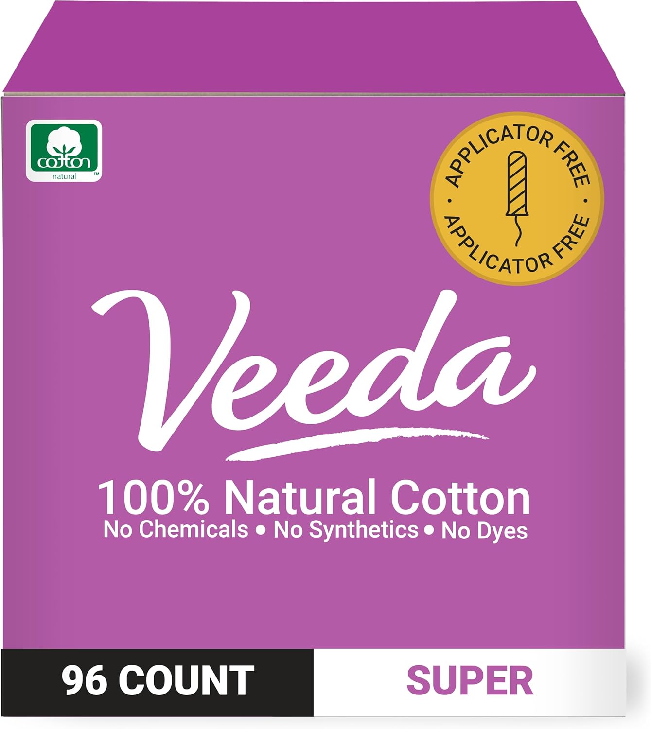 Veeda 100% Natural Cotton Tampons Super Absorbency - Non-Applicator Tampons with leak proof protection - Unscented, Chlorine & Toxin Free - 96 Count