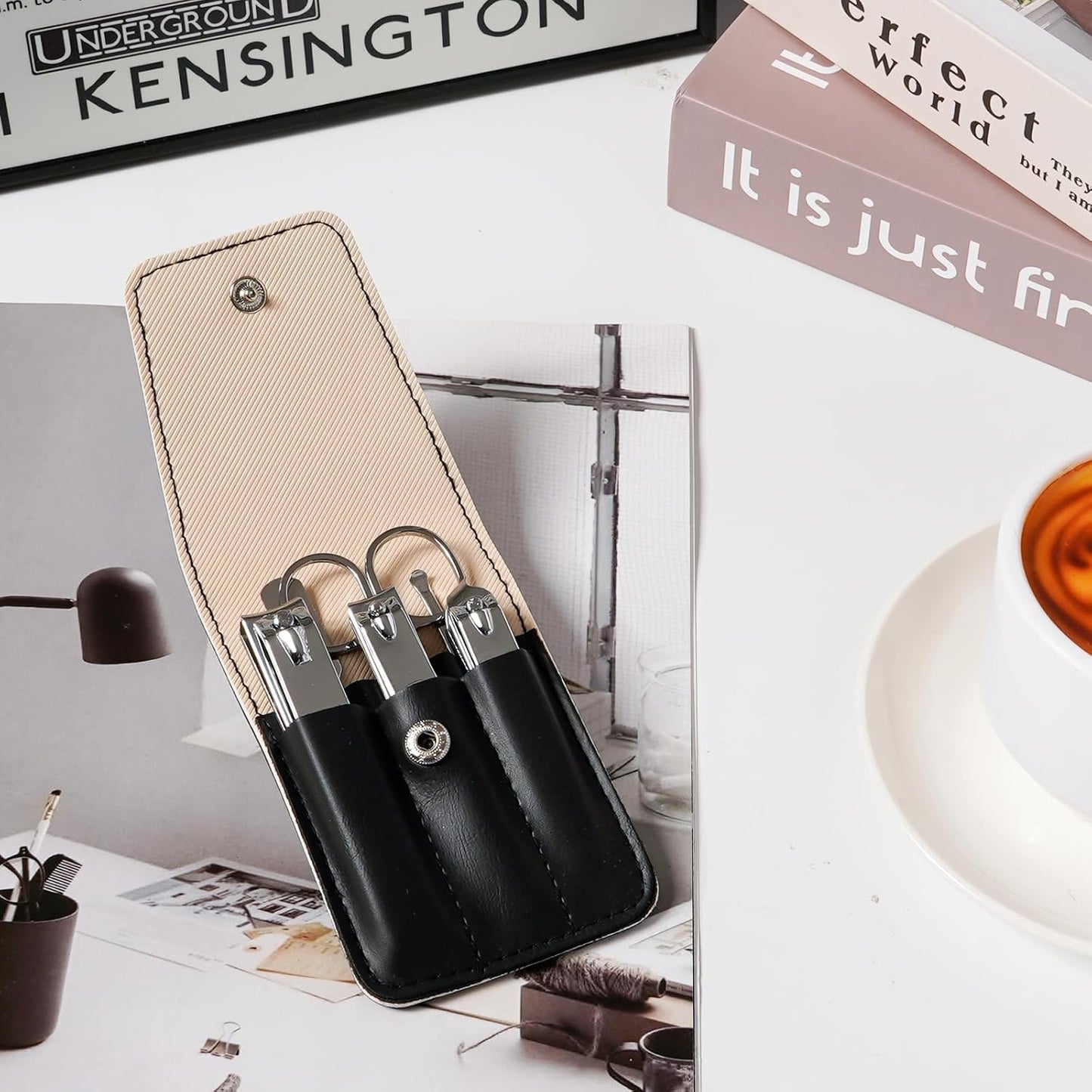 Premium Stainless Steel Nail Clippers Set - Travel Grooming Kit, 6pc Manicure/Pedicure Tools with PU Case - Unisex Gift for Men and Women(D-Black)