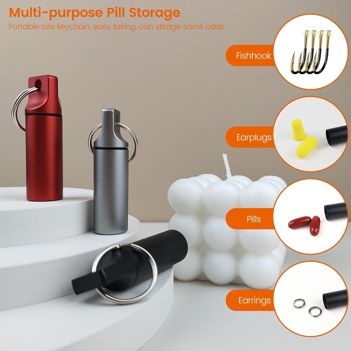 Small Pill Organizer Box Waterproof Keychain Pill Holder Portable Travel Pill Container Metal Case with Keyring for Outdoor Camping Travel