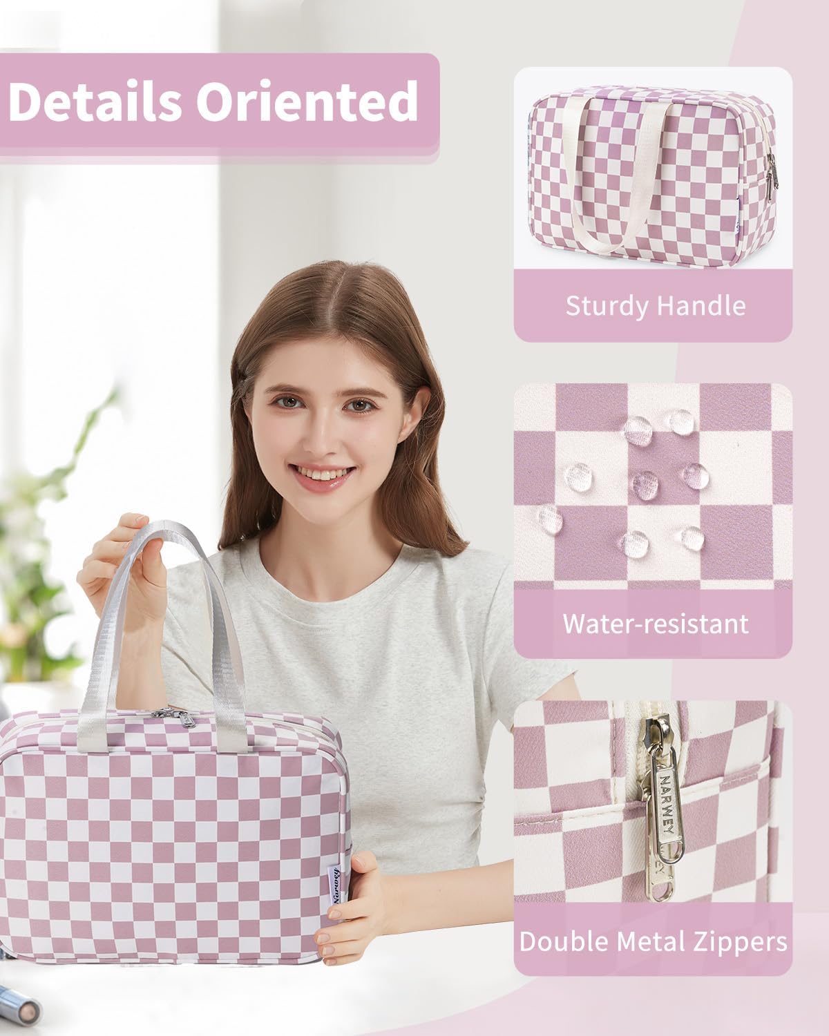 Narwey Large Checkered Travel Toiletry Bag Women Toiletries Bag Pink Makeup Bag Organizer Make up bag Cosmetic Bag Medicine Bag for Girls (Dusty Rose Checkerboard, Large)